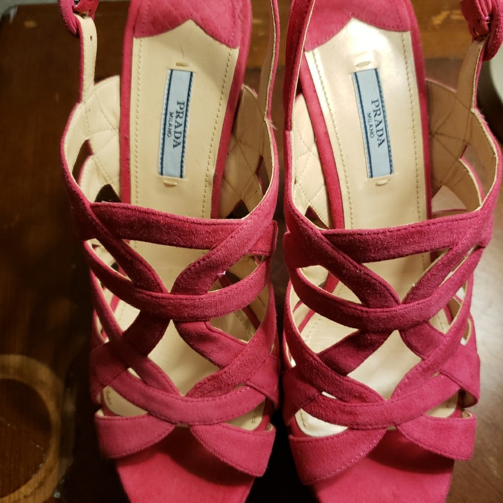 Prada Pink Peony Suede open toe platform Heels